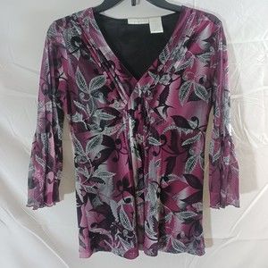 Worthington Size Small Purple Black Maroon Blouse With Semi Sheer Bell Sleeves